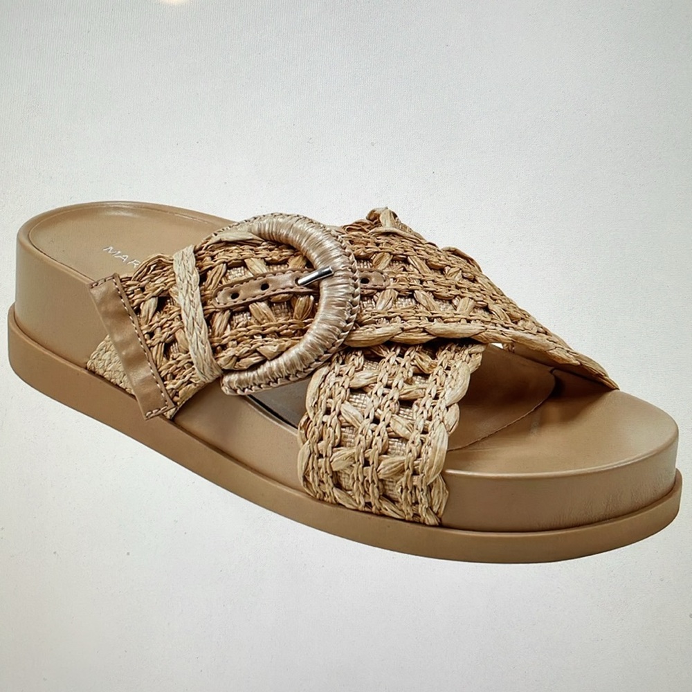 MARC FISHER WELTI WOVEN SLIP-ON FLAT FOOTBED SANDALS.